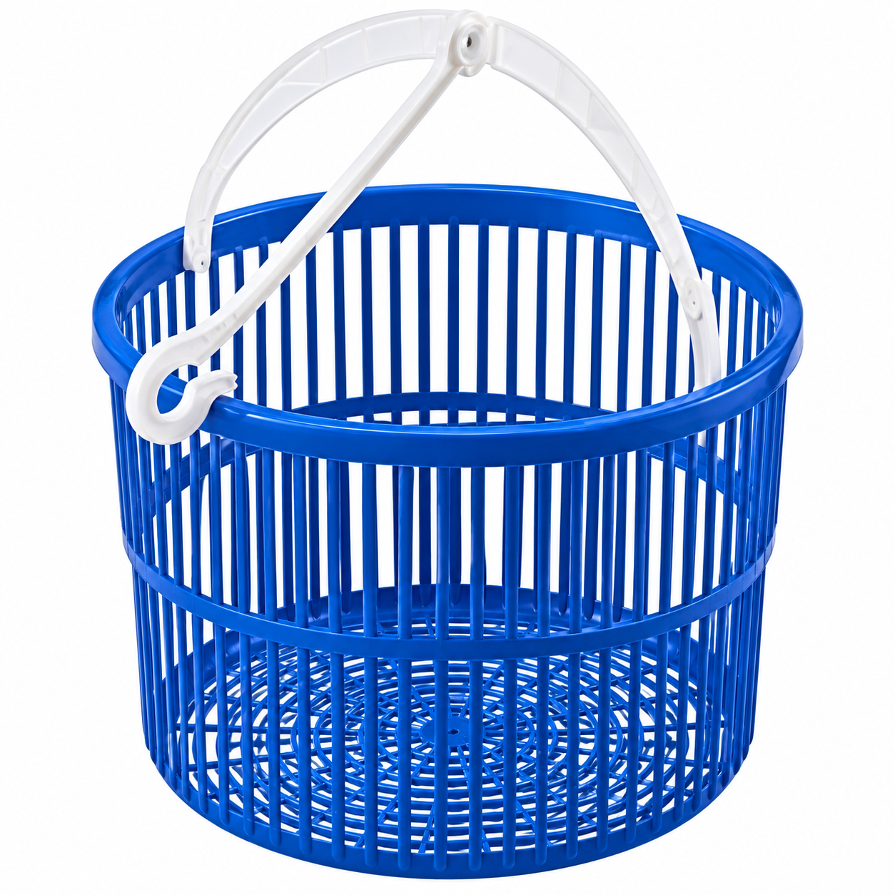 Cesto portabiancheria blu con manico bianco (1)